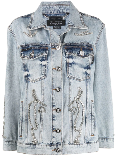 Philipp Plein Oversized Crystal-embellished Denim Jacket In Blau