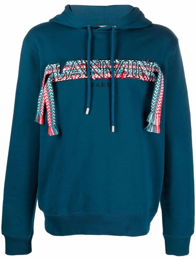 Shop Lanvin Frayed-logo Long-sleeved Hoodie In Blau