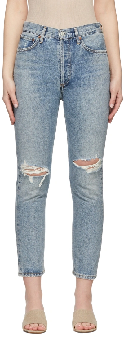 Shop Agolde Blue Riley Cropped Jeans In Escalate