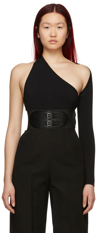 Shop Alaïa Black Asymmetric Long Sleeve Bodysuit In 999 Black