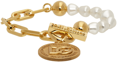 Shop Dolce & Gabbana Gold Pearl Logo Coin Bracelet In Zoo00 Gold