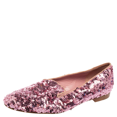 Pre-owned Ralph Lauren Pink Sequin Embellished Quintessa Pewter Smoking Slippers Size 37