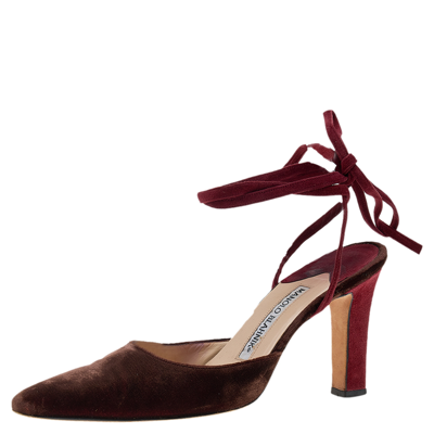 Pre-owned Manolo Blahnik Maroon/red Velvet Ankle Wrap Sandals Size 37