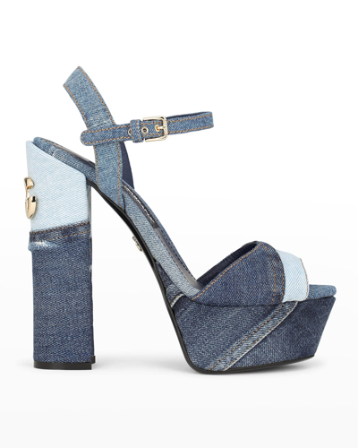 Shop Dolce & Gabbana Keira Denim Patchwork Platform Sandals In Blue