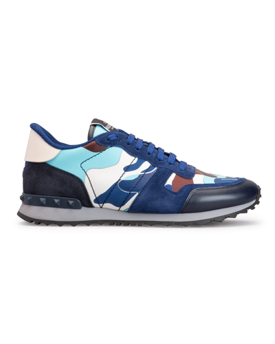 Shop Valentino Men's Camouflage Rockrunner Leather Low-top Sneakers In Blue Multi