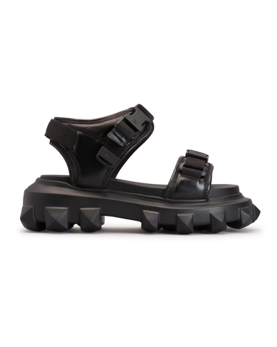 Shop Valentino Men's Trackstud Calfskin Studded Lug Sole Strap Sandals In Black