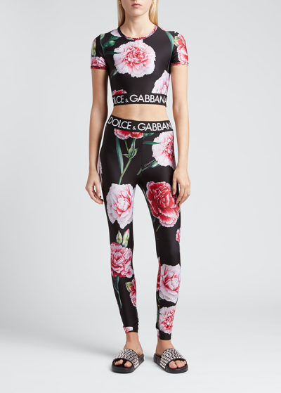Shop Dolce & Gabbana Floral Logo-print Banded Leggings In Multiprt