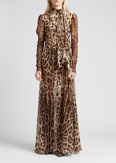 Shop Dolce & Gabbana Leopard-print Bow Front Thigh-slit Silk Georgette Gown In Lig.brw Pr
