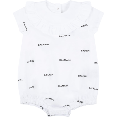 Shop Balmain White Romper For Baby Girl With Logos In Bianco