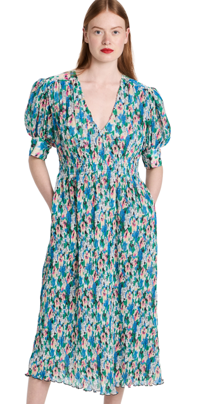 Shop Ganni Pleated Georgette Dress In Floral Azure Blue