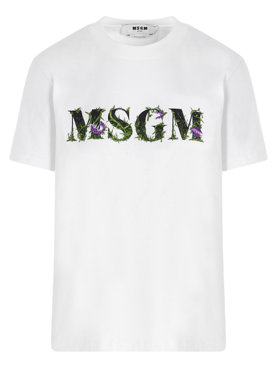 Shop Msgm Floral Embroidered Logo T-shirt In White