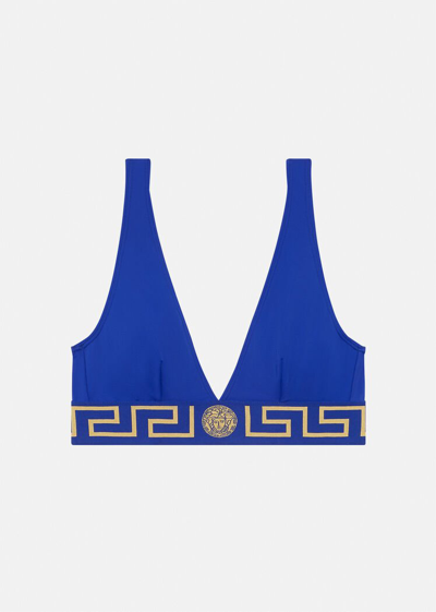 Shop Versace Greca Border Triangle Bikini Top In Royal Blue