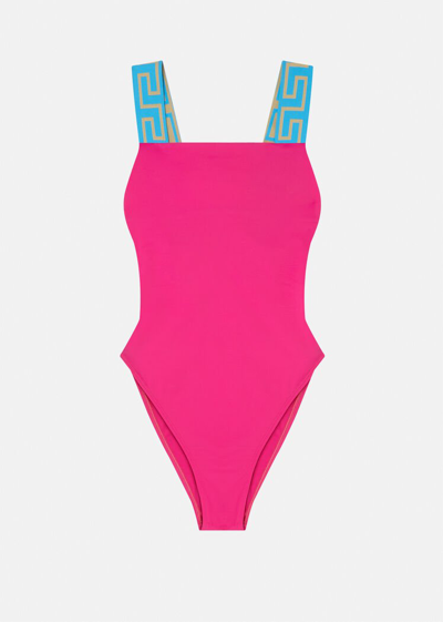 Shop Versace Greca Border One-piece Swimsuit In Fuchsia+blue