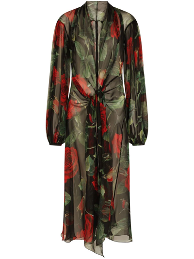 Shop Dolce & Gabbana Floral-print Puff-sleeve Dress In Schwarz