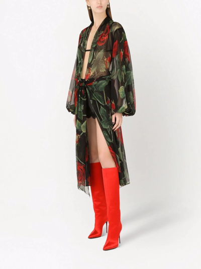 Shop Dolce & Gabbana Floral-print Puff-sleeve Dress In Schwarz