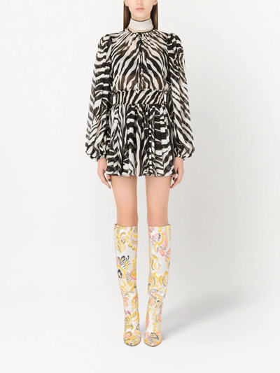 Shop Dolce & Gabbana Zebra-print Puff-sleeve Mini Dress In Schwarz