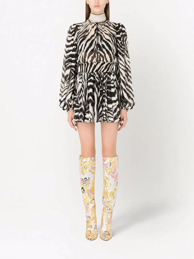 Dolce & Gabbana Zebra Printed Silk Chiffon Mini Dress In Schwarz
