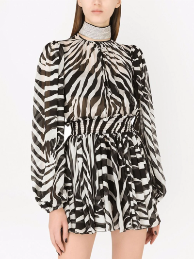 Dolce & Gabbana Zebra Printed Silk Chiffon Mini Dress In Schwarz