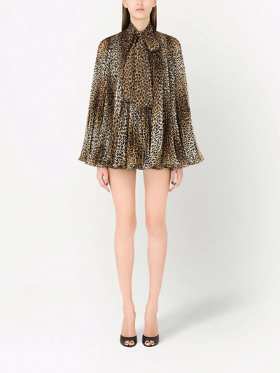 Dolce & Gabbana Leopard Print Pleated Mini Dress In Braun