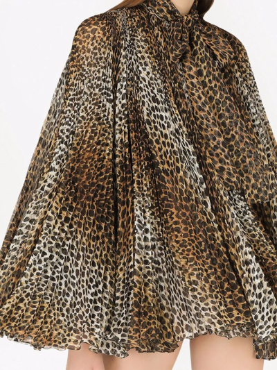 Dolce & Gabbana Leopard Print Pleated Mini Dress In Braun