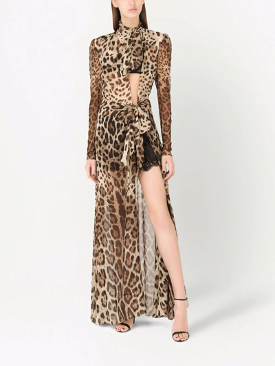 Shop Dolce & Gabbana Leopard-print Georgette Maxi Dress In Braun