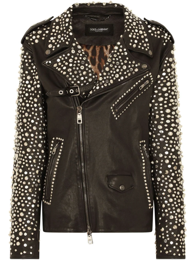 Shop Dolce & Gabbana Studded Leather Biker Jacket In Schwarz