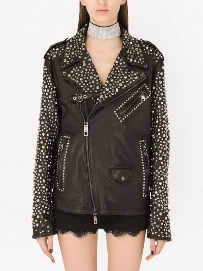Shop Dolce & Gabbana Studded Leather Biker Jacket In Schwarz