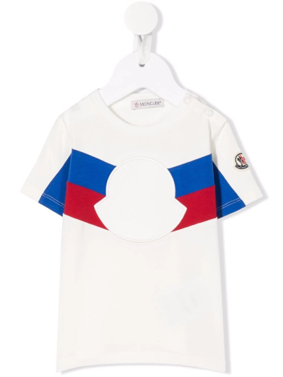 Shop Moncler Stripe-print Logo-silhouette T-shirt In White