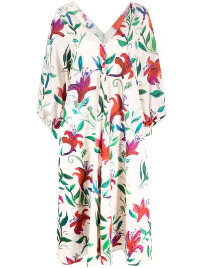 Shop La Doublej Floral-print Midi Dress In Weiss