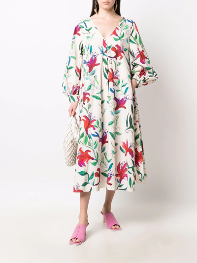 Shop La Doublej Floral-print Midi Dress In Weiss