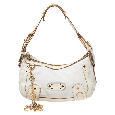 Pre-owned Chloé White/cream Leather Logo Charm Shoulder Bag