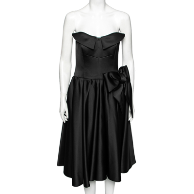 Pre-owned Moschino Black Satin Bow Detail Strapless Pleated Dress M