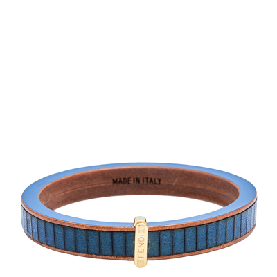 Pre-owned Fendi Wood Leather Gold Tone Metal Navy Blue Bangle Bracelet
