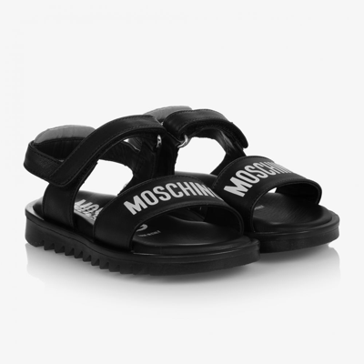 Shop Moschino Kid-teen Black Leather Logo Sandals