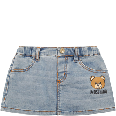 Shop Moschino Light-blue Skirt For Baby Girl With Teddy Bear In Denim