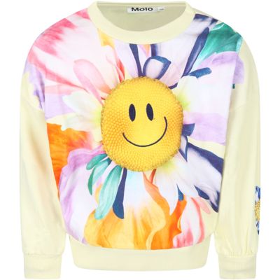 Shop Molo Yellow Sweatshirt For Girl With Flower In Multicolor