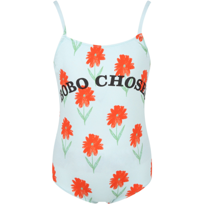 Shop Bobo Choses Light-blue Swimsuit For Girl With Flowers In Light Blue