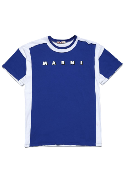 Shop Marni Girls White And Blue Cotton Dress With Logo