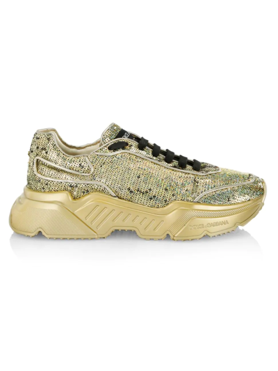 Shop Dolce & Gabbana Daymaster Sequined Leather Low-top Sneakers In Oro Antico