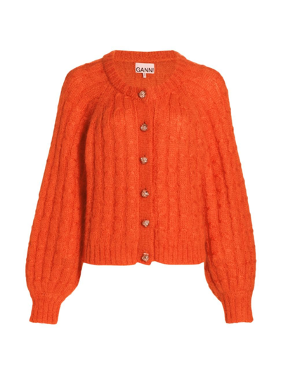 Shop Ganni Women's Mohair-blend Cable Knit Cardigan In Orange Dot