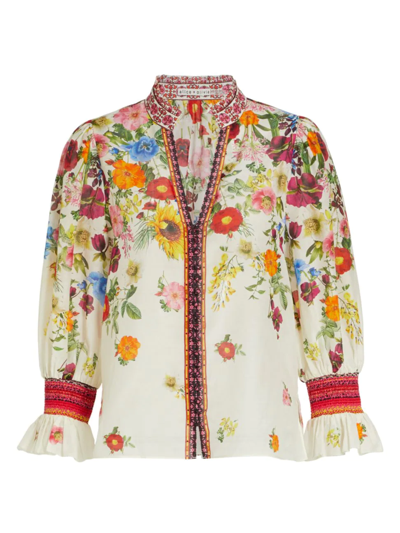 Shop Alice And Olivia Women's Ilan Smocked Floral Blouse In Sunday Stroll Off White Multi