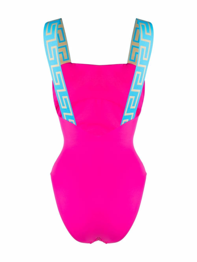 Shop Versace Greca-print Square-neck Swimsuit In Rosa