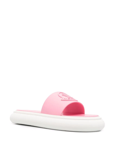 Shop Moncler Debossed-logo Leather Slides In Rosa