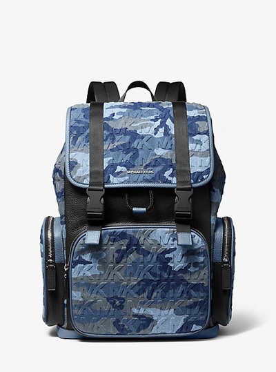 Shop Michael Kors Cooper Printed Denim And Leather Backpack In Blue