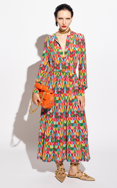 Shop Valentino Women's Chevron-print Silk Midi Dress In Multi