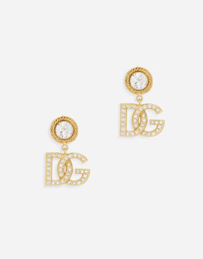 Shop Dolce & Gabbana Earrings With Rhinestones And Dg Logo In Gold