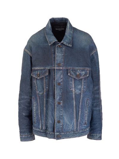 Shop Balenciaga Blue Leather Jacket
