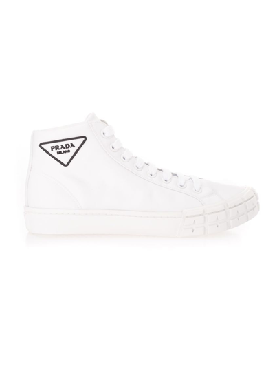 Shop Prada White Polyamide Hi Top Sneakers