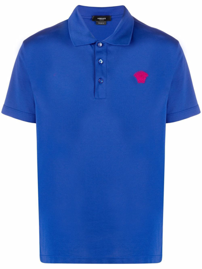 Shop Versace Blue Cotton Polo Shirt