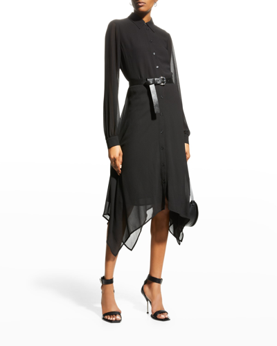 Shop Michael Michael Kors Solid Handkerchief-hem Midi Shirtdress In Black